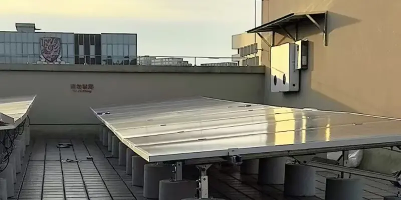 A photo of a PV array on top of a campus building.